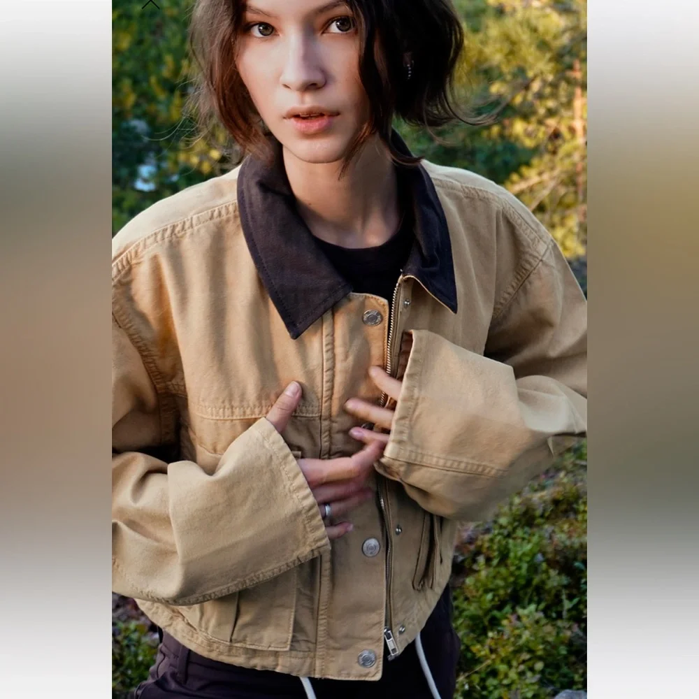 ZARA CONTRASTING COLLAR CROP JACKET XS 5520/071 BARN CHORE COAT FALL VIRAL - Picture 5 of 12